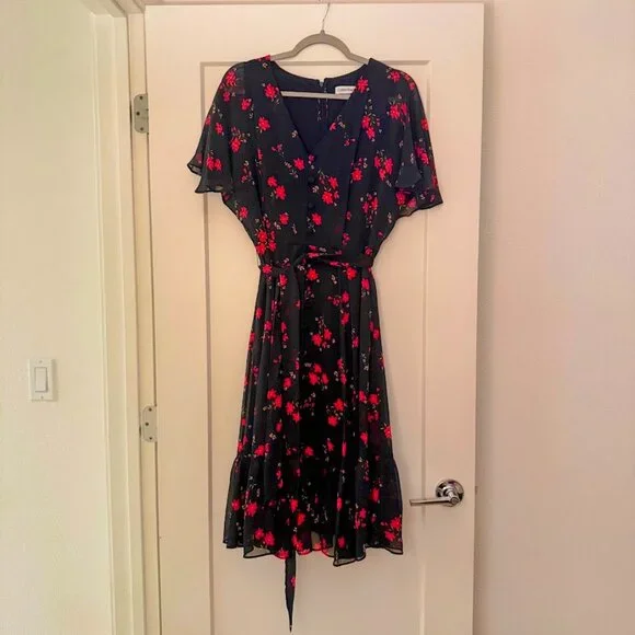 Calvin Klein Navy Floral V-Neck Chiffon Midi Dress – Size 12 - Picture 4 of 9
